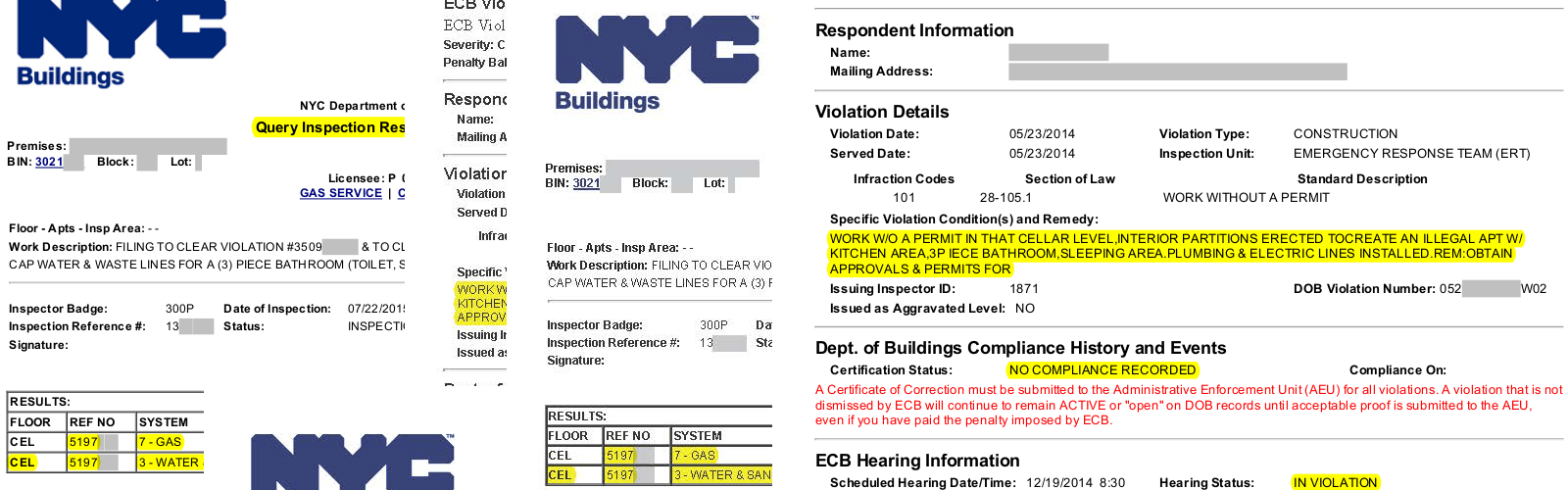 NYC Buildings violation report with highlighted sections.